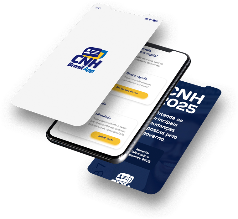 Tela do CNH Brasil App com conteúdos de estudo e informações sobre habilitação
